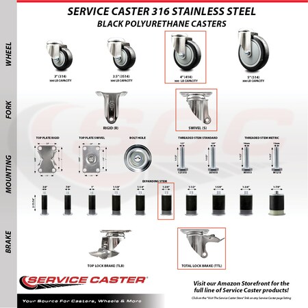 Service Caster 4 Inch 316SS Black Poly Swivel 1-3/8 Inch Expanding Stem Caster Lock Brake SCC SCC-SS316TTLEX20S414-PPUB-BLK-138